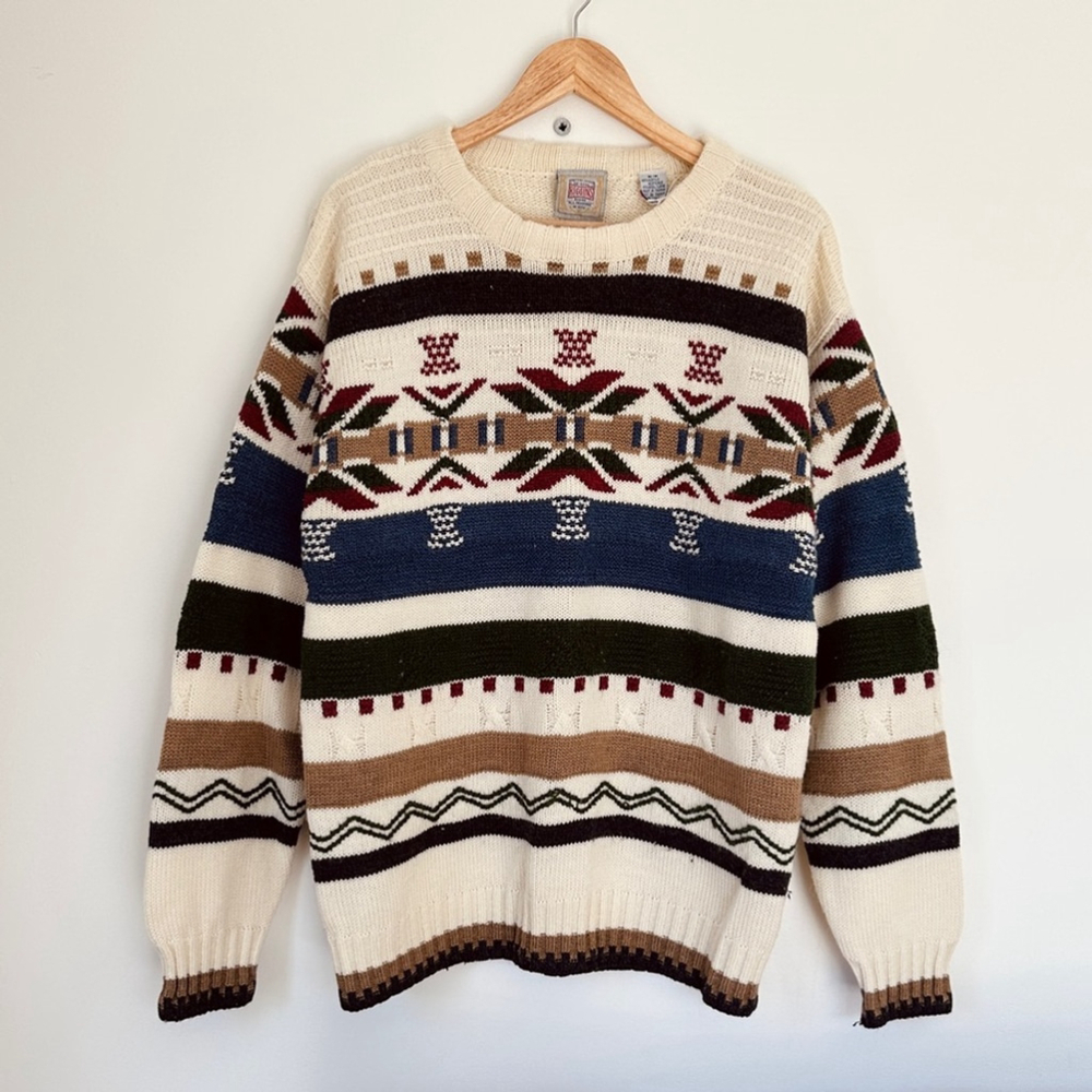Vintage Aztec Crew knit Sweater - multi-coloured on cream - M - oversized - Picture 2 of 6